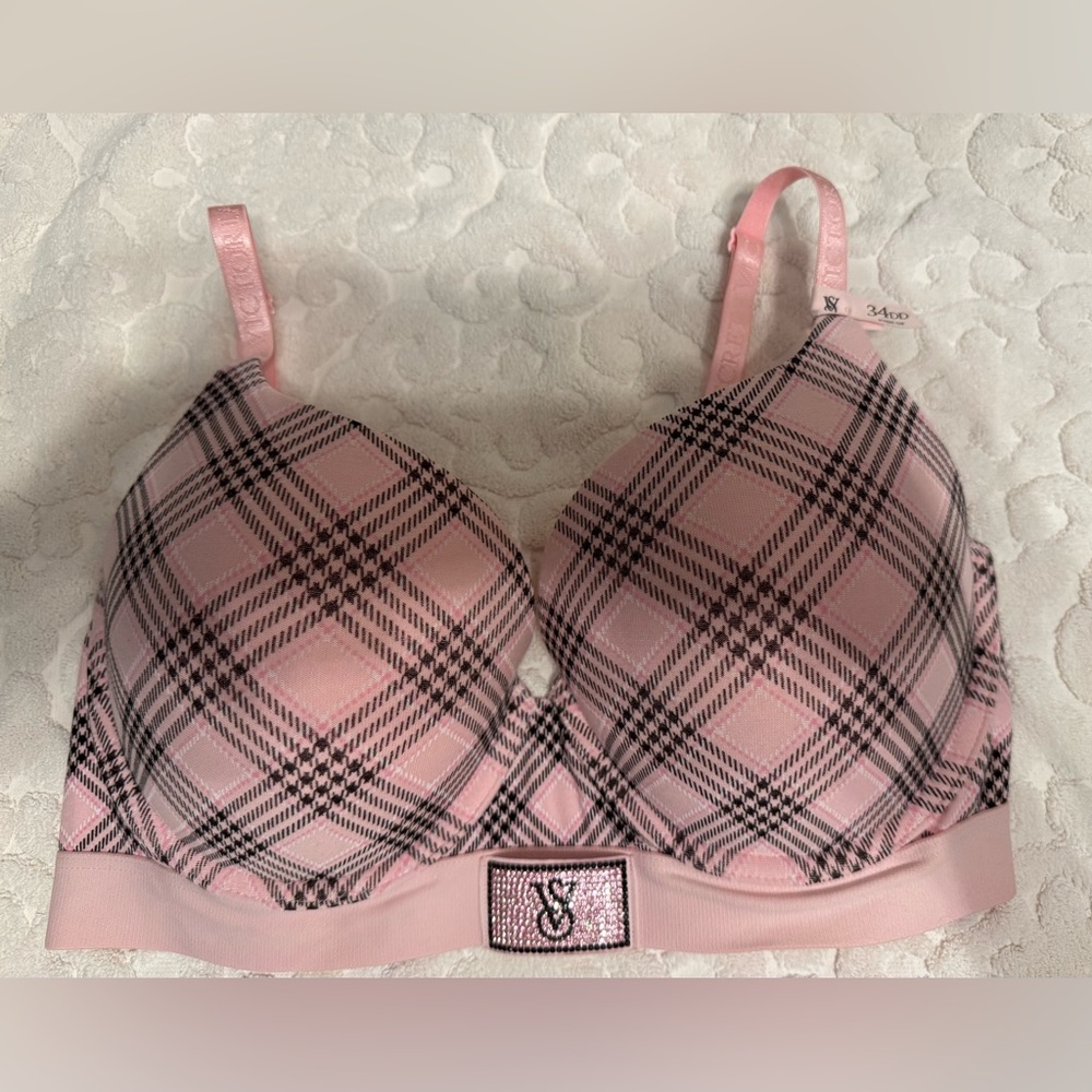NWT Victoria’s Secret Pink Push Up Full Coverage 34 DD pink plaid T-Shirt Bra